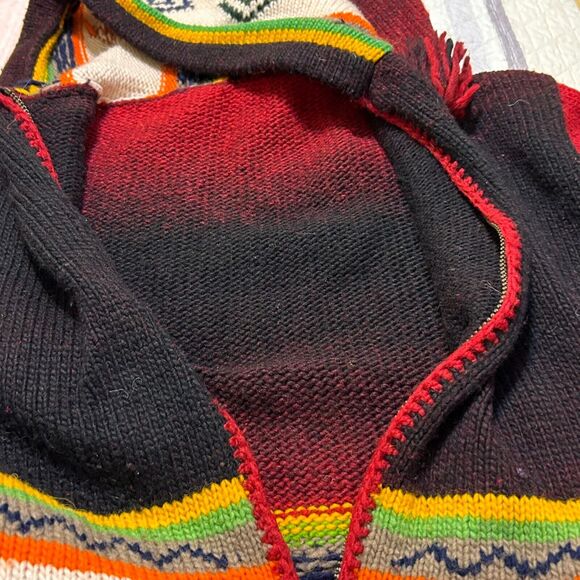 Vintage Hand Knit Sweater Jacket Womens M/L Multicolor Hooded Zip Up Ikat Nordic - Picture 12 of 12